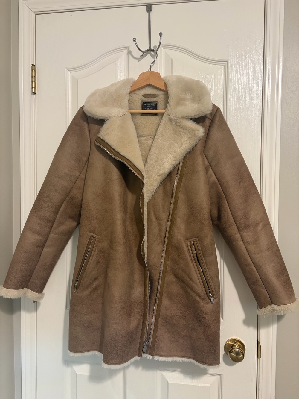 Abercrombie & Fitch Faux Shearling Moto Coat in Brown & Cream